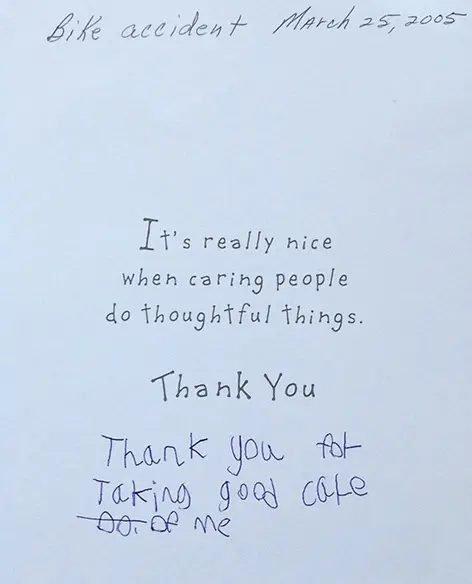 A thank you message on a card written by a child
