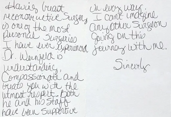 Written note thanking the doctor and staff
