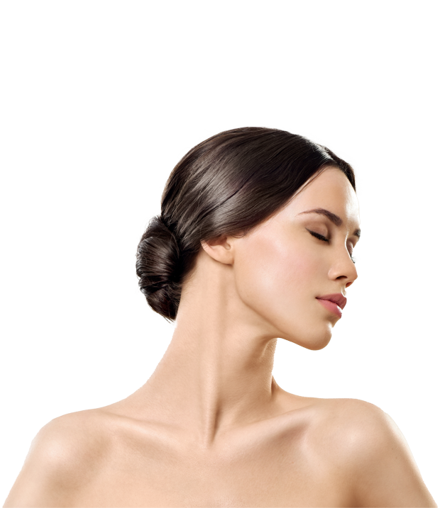 Headshot of woman with smooth shining skin and bare shoulders