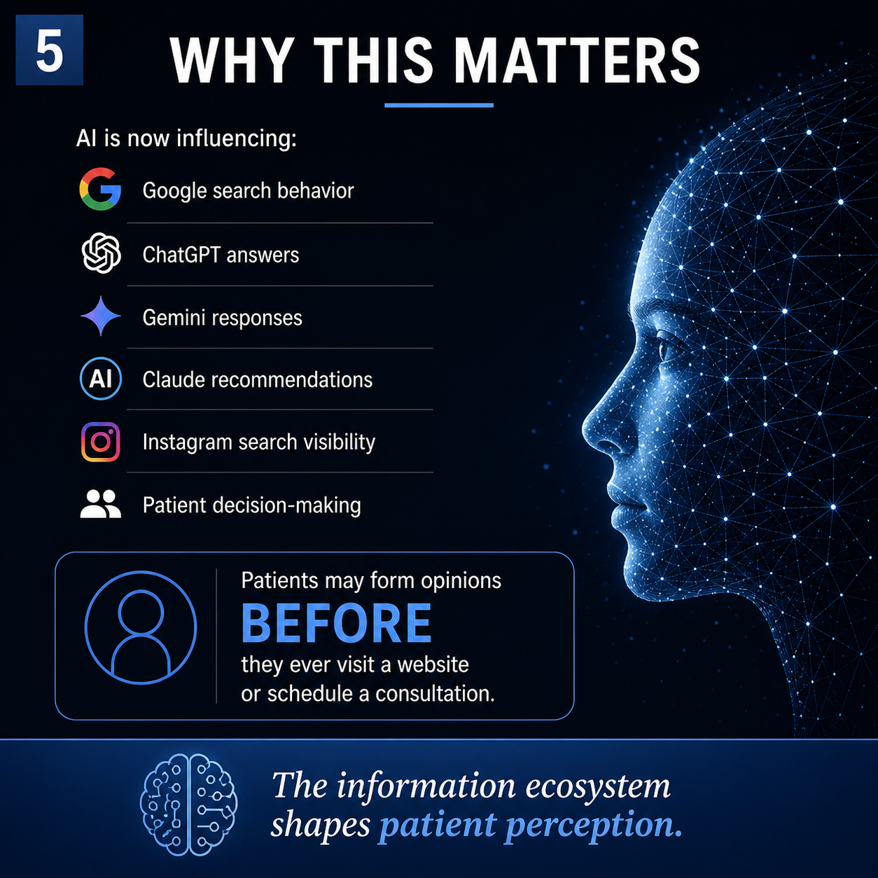 Section slide: Why This Matters. AI is influencing Google search, ChatGPT, Gemini, Claude, Instagram, and patient decision-making