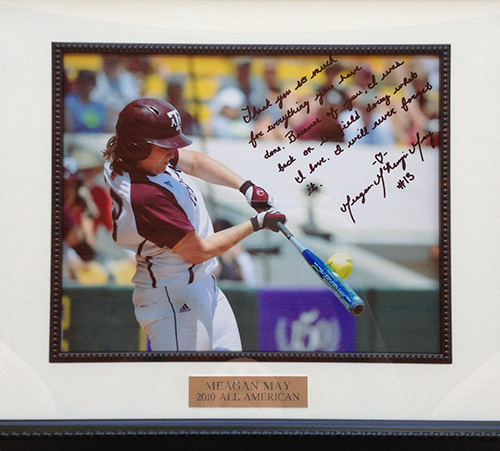 Thank you message written on Meagan May's photo of her playing professional softball