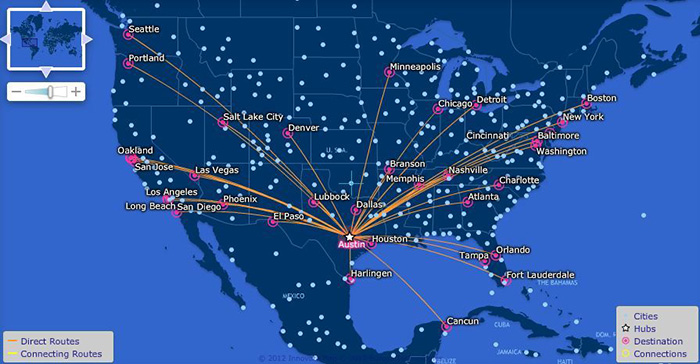 Digital map featuring all Austin plane routes